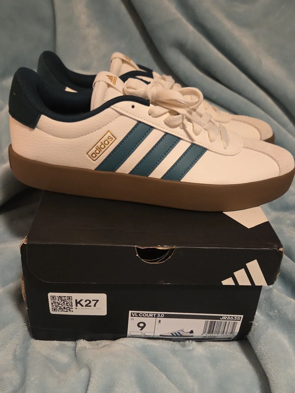 adidas Men’s VL Court 3.0 Sneakers in White, Teal & Gum